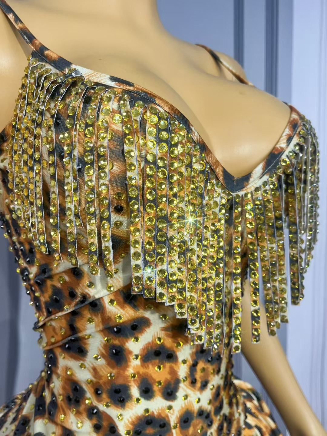 CELESINYI Qiancengbao Crystal Leopard Mini Dress