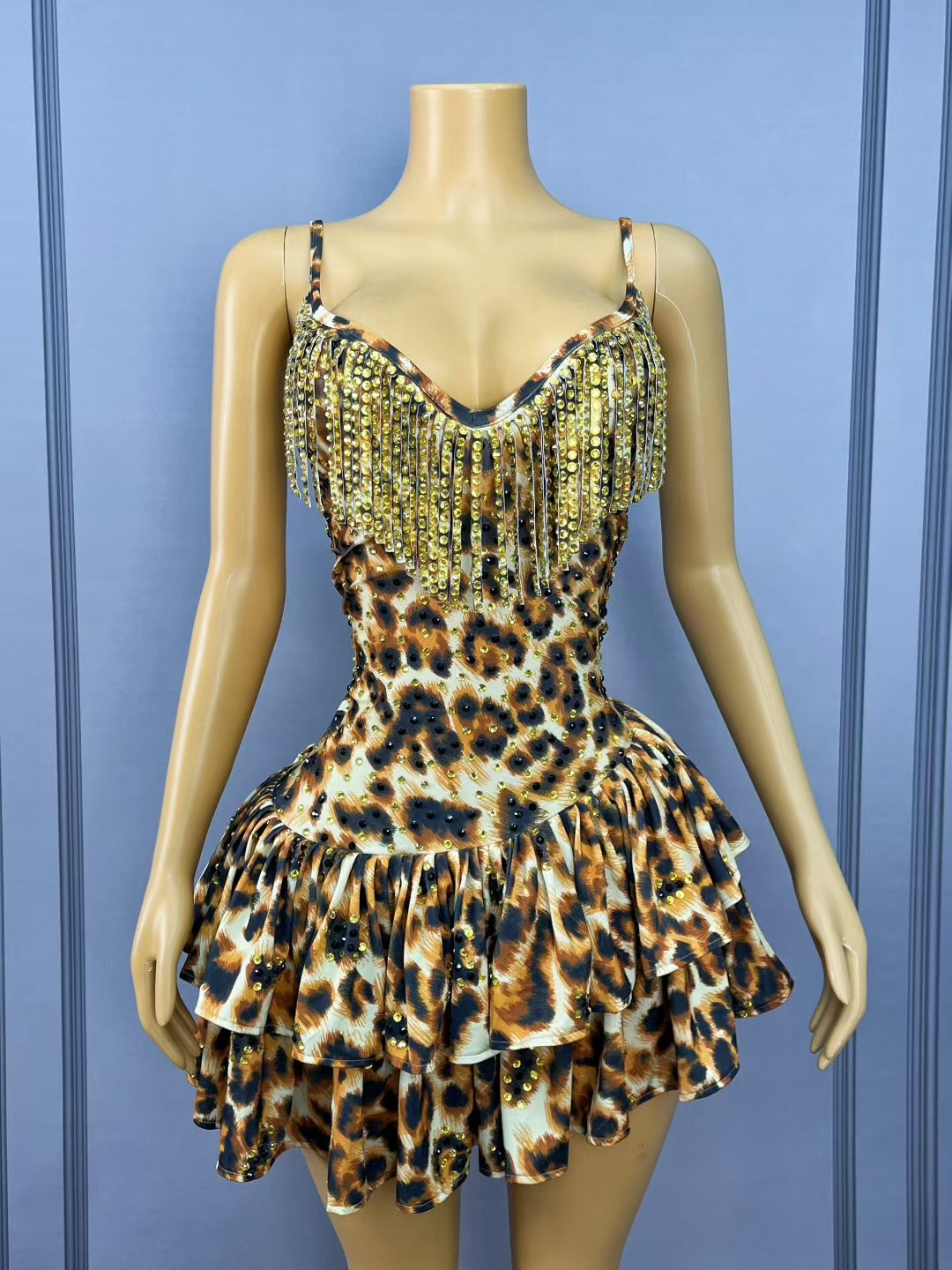 CELESINYI Qiancengbao Crystal Leopard Mini Dress