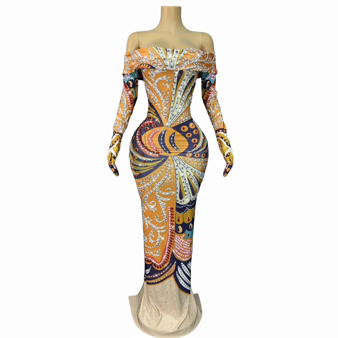 CELESINYI Fenghuangcaixia Crystal Print Mini Dress