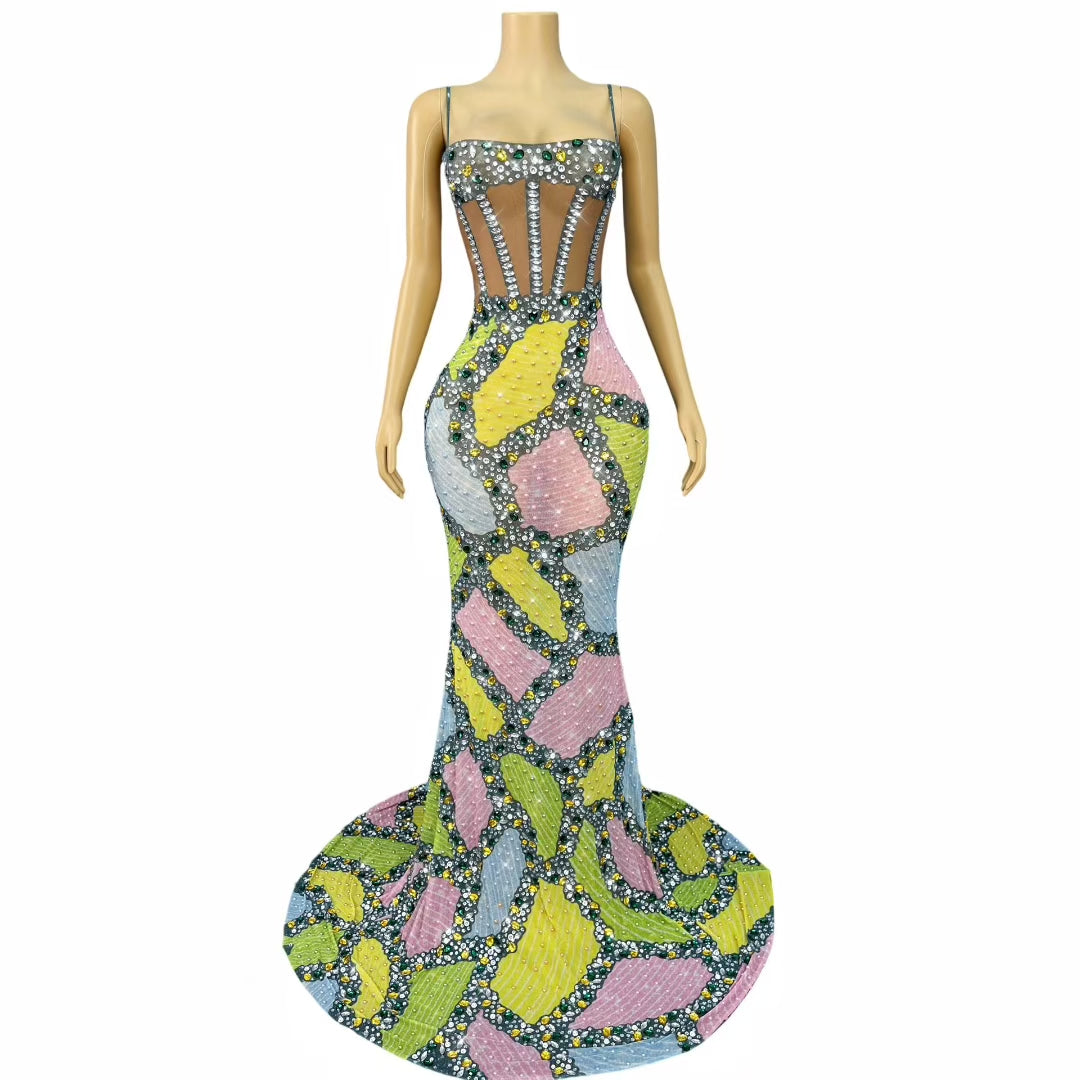 CELESINYI Duocaipintu Crystal Patchwork Gown