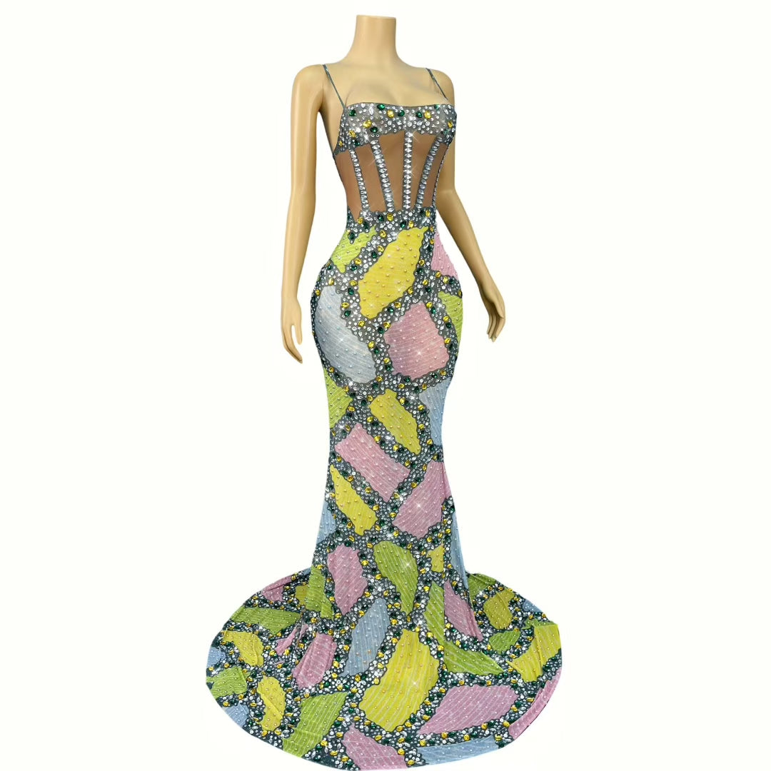 CELESINYI Duocaipintu Crystal Patchwork Gown