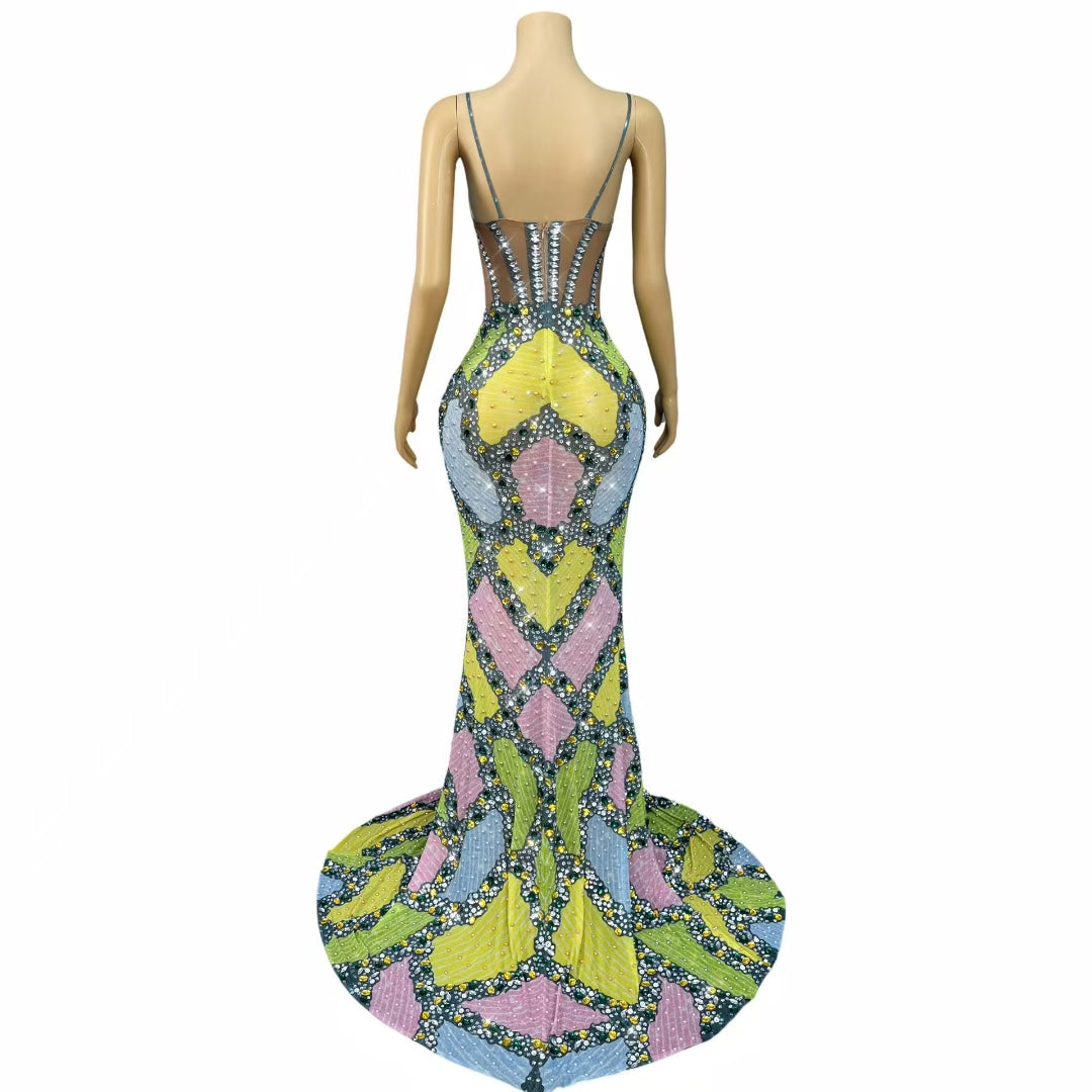 CELESINYI Duocaipintu Crystal Patchwork Gown