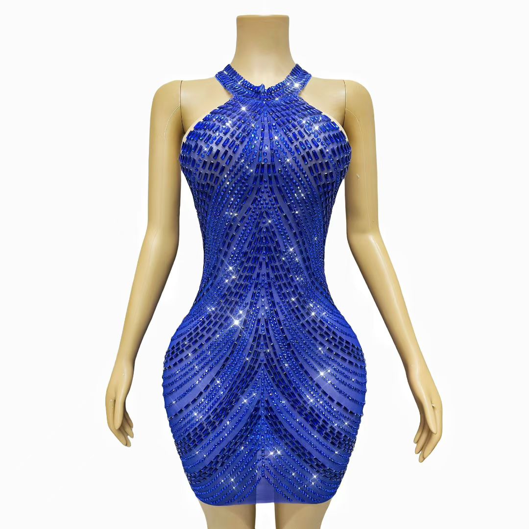 CELESINYI Sixian Crystal Blue Silk Mini Dress