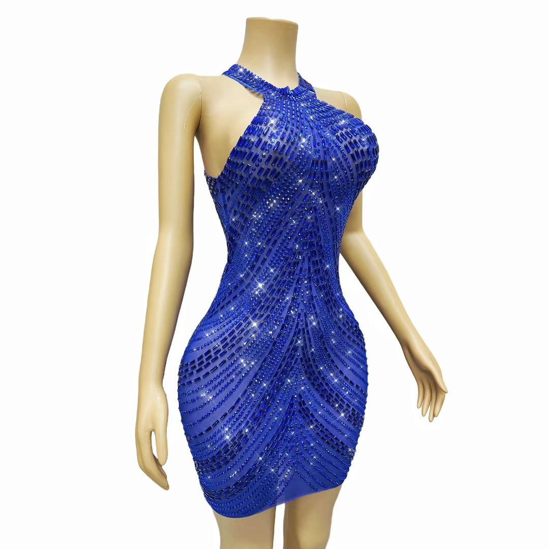 CELESINYI Sixian Crystal Blue Silk Mini Dress