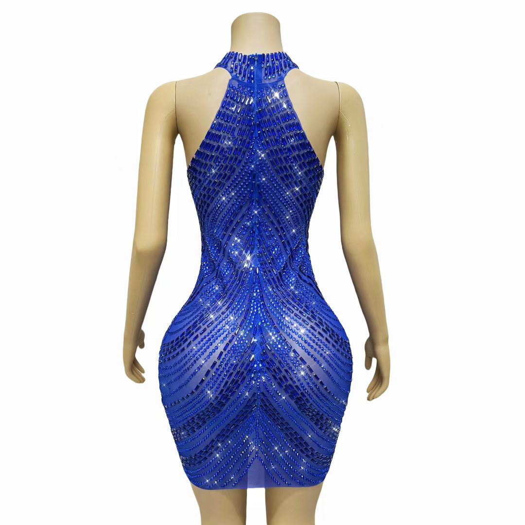 CELESINYI Sixian Crystal Blue Silk Mini Dress