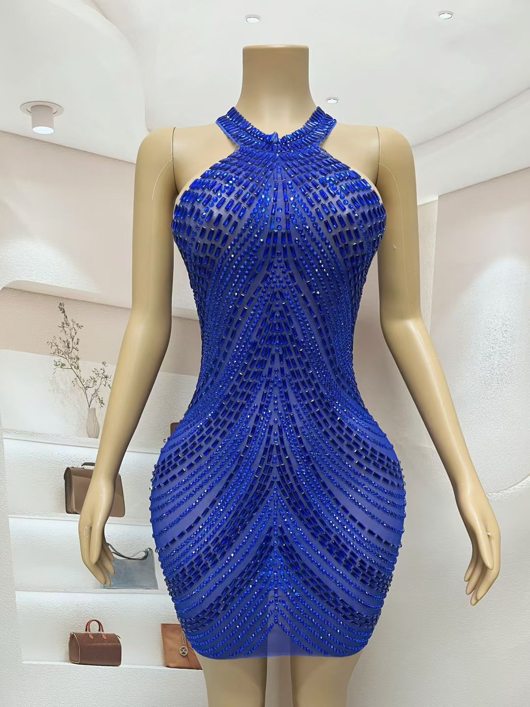 CELESINYI Sixian Crystal Blue Silk Mini Dress