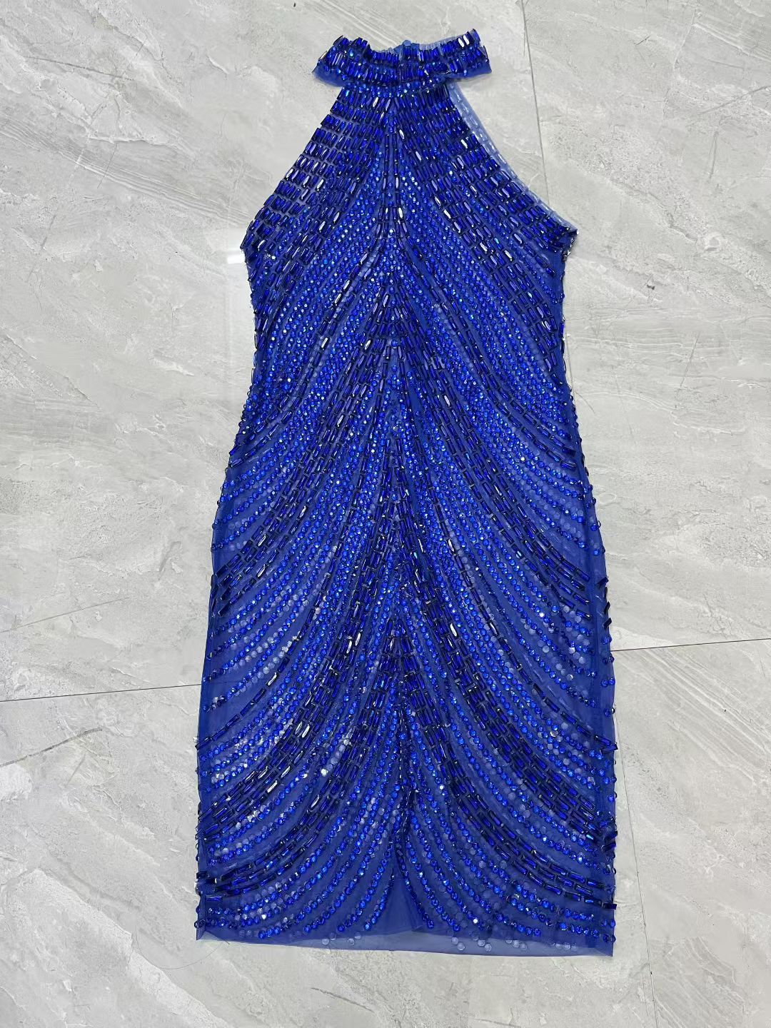CELESINYI Sixian Crystal Blue Silk Mini Dress