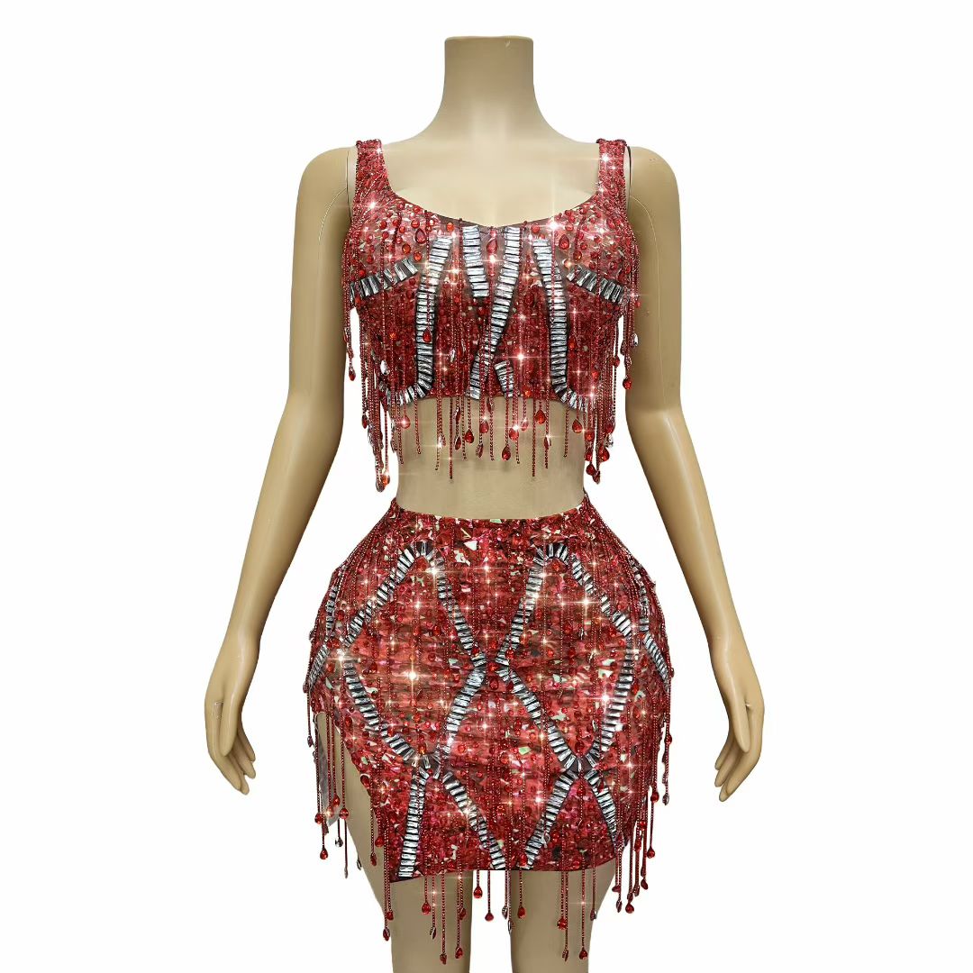 CELESINYI Caodi Crystal Red Fringe Set