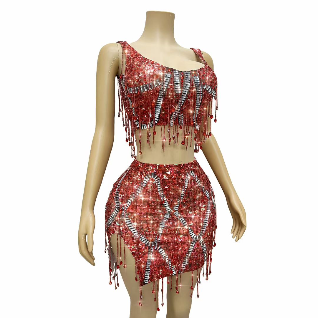 CELESINYI Caodi Crystal Red Fringe Set