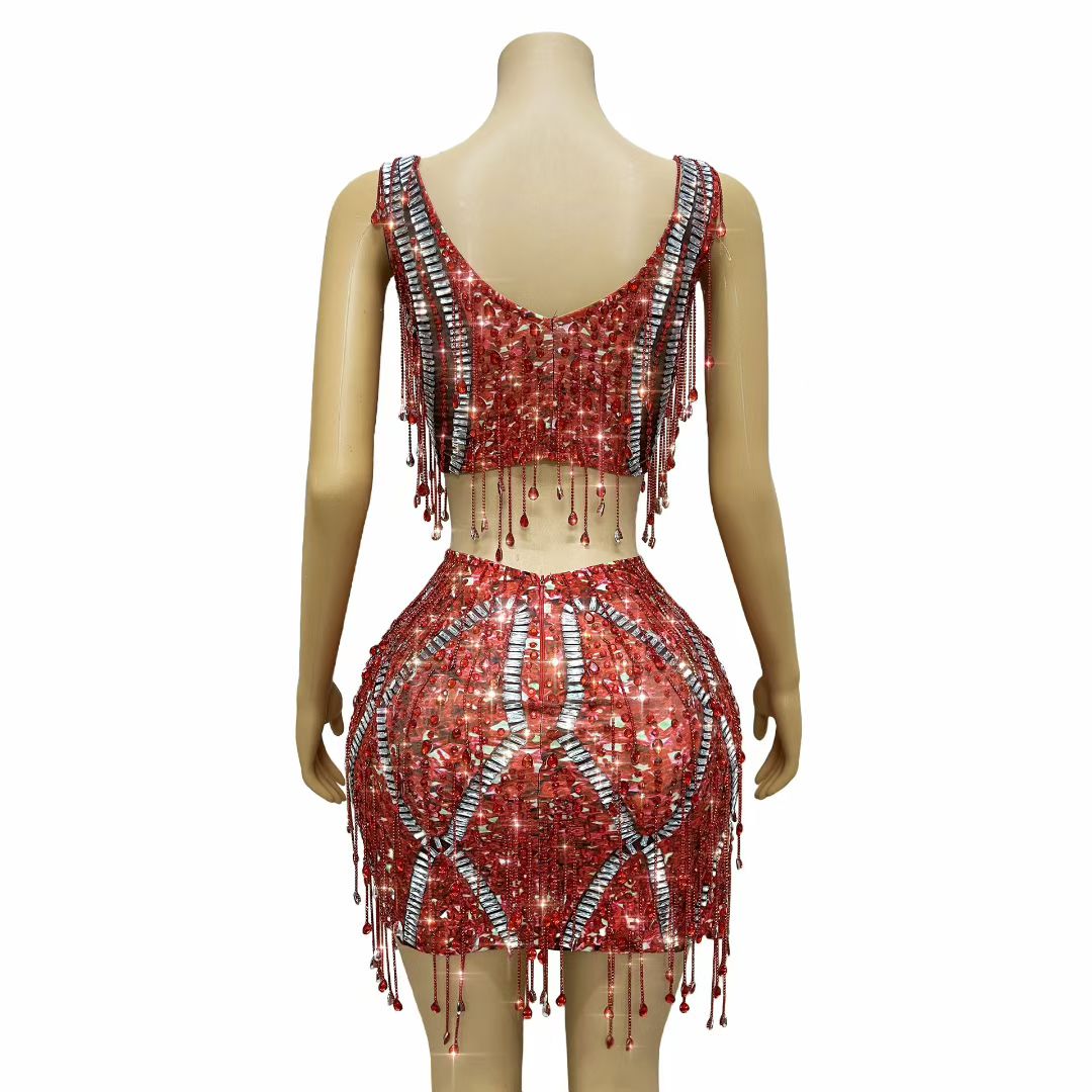 CELESINYI Caodi Crystal Red Fringe Set