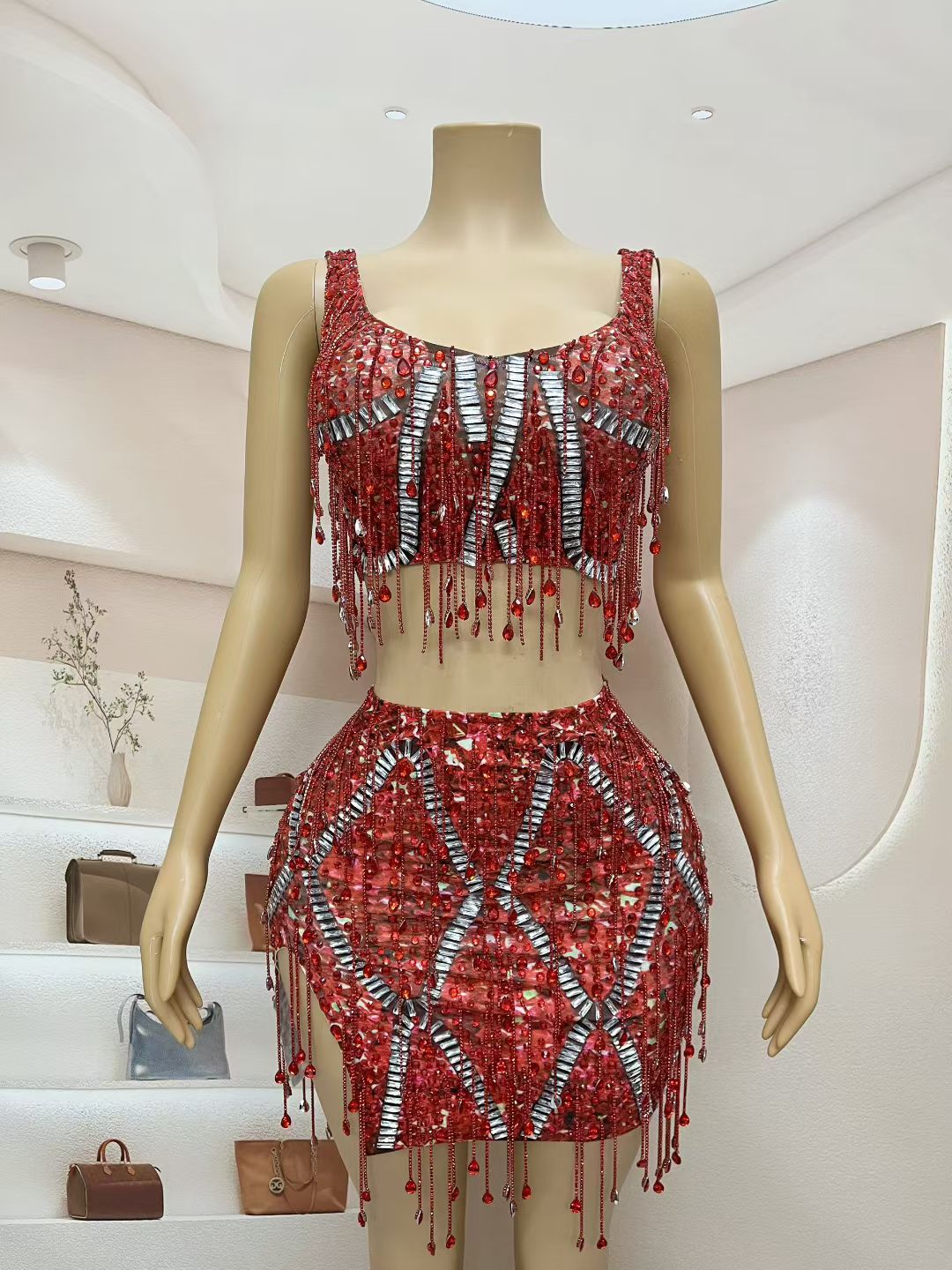 CELESINYI Caodi Crystal Red Fringe Set