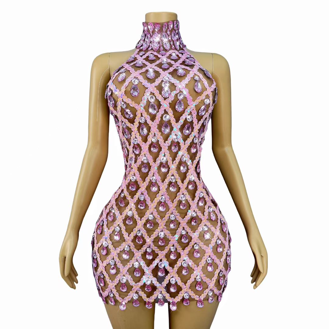 CELESINYI Shaokaojia Crystal Pink Sheer Mini Dress