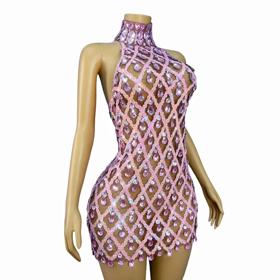 CELESINYI Shaokaojia Crystal Pink Sheer Mini Dress