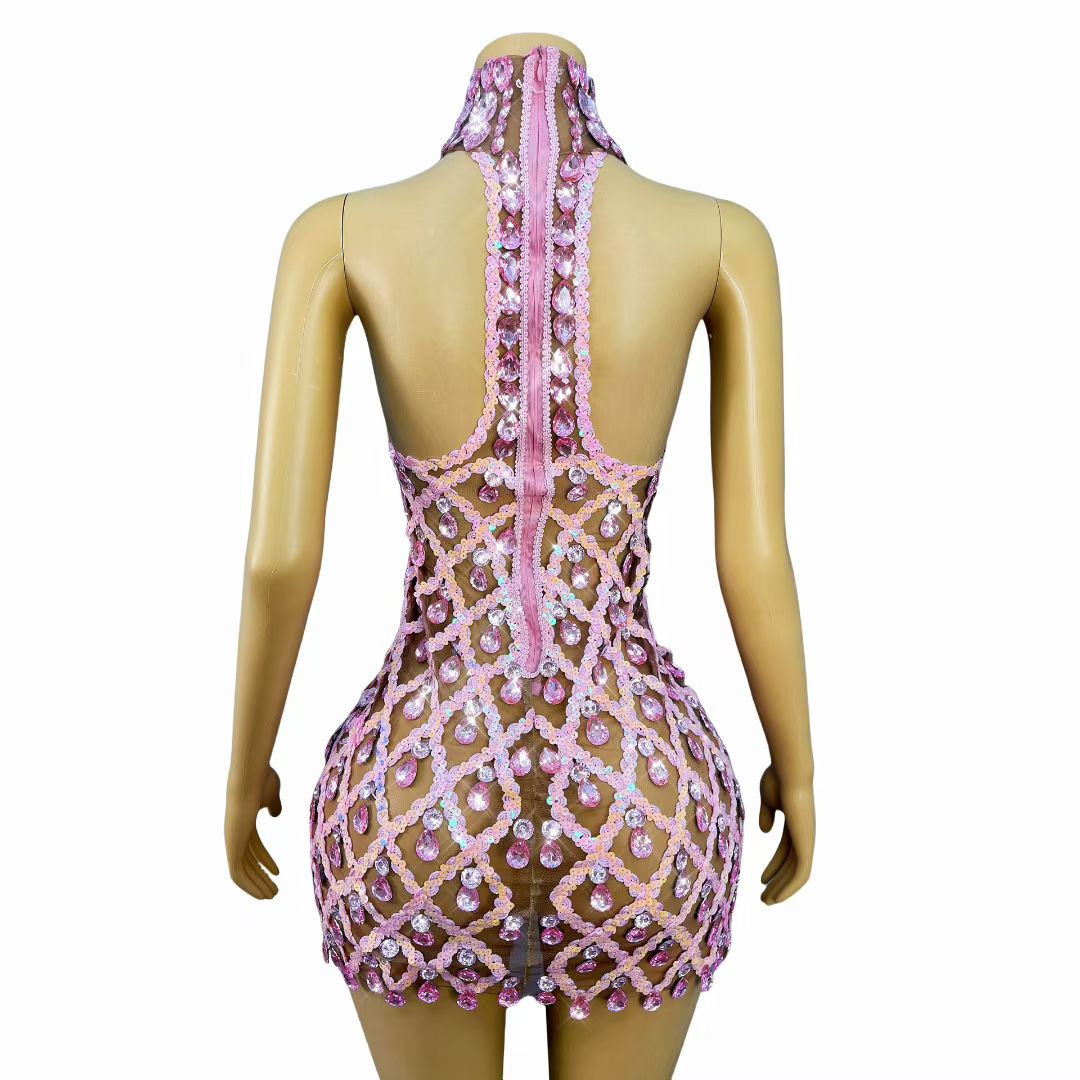 CELESINYI Shaokaojia Crystal Pink Sheer Mini Dress