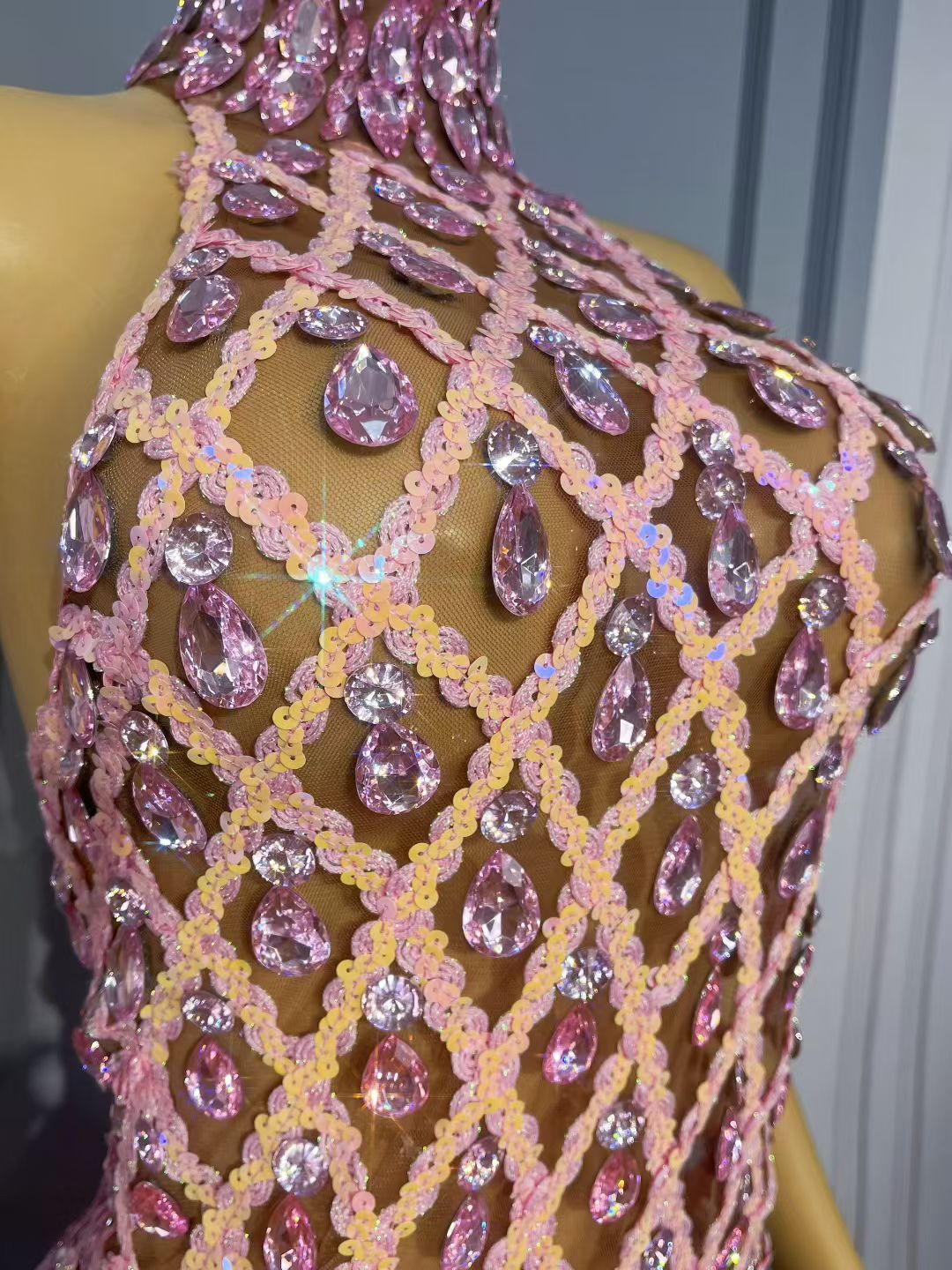 CELESINYI Shaokaojia Crystal Pink Sheer Mini Dress