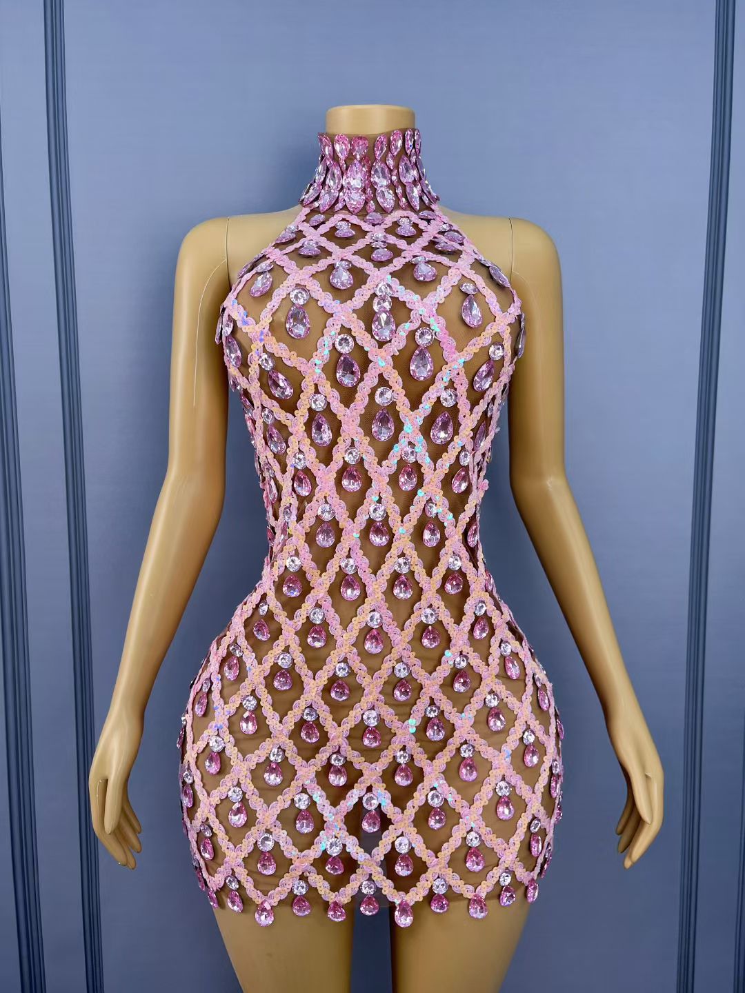 CELESINYI Shaokaojia Crystal Pink Sheer Mini Dress