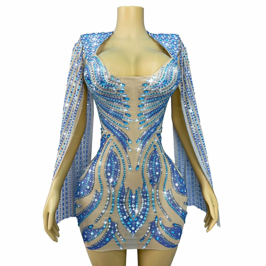 CELESINYI Lanmao Crystal Peacock Mini Dress