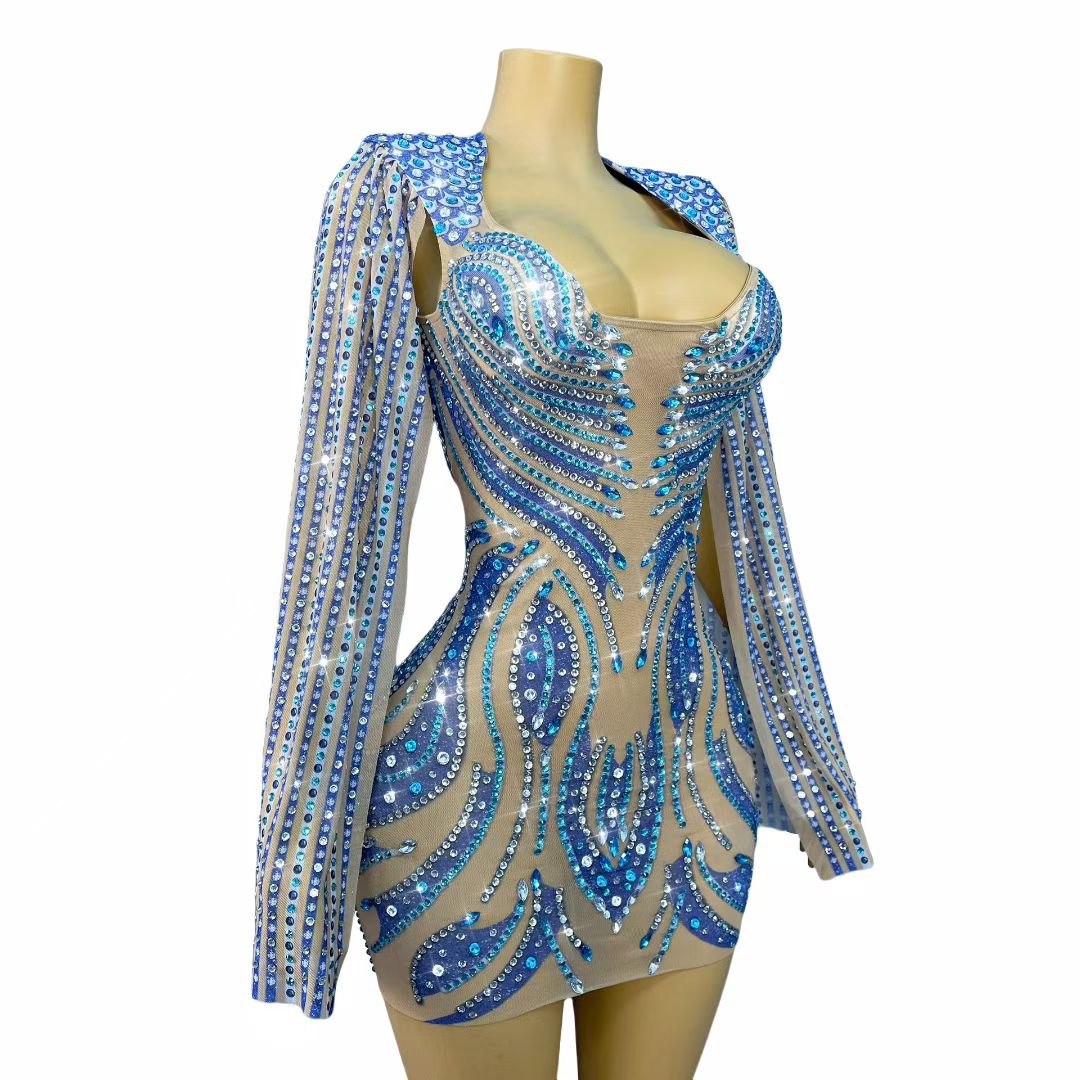 CELESINYI Lanmao Crystal Peacock Mini Dress