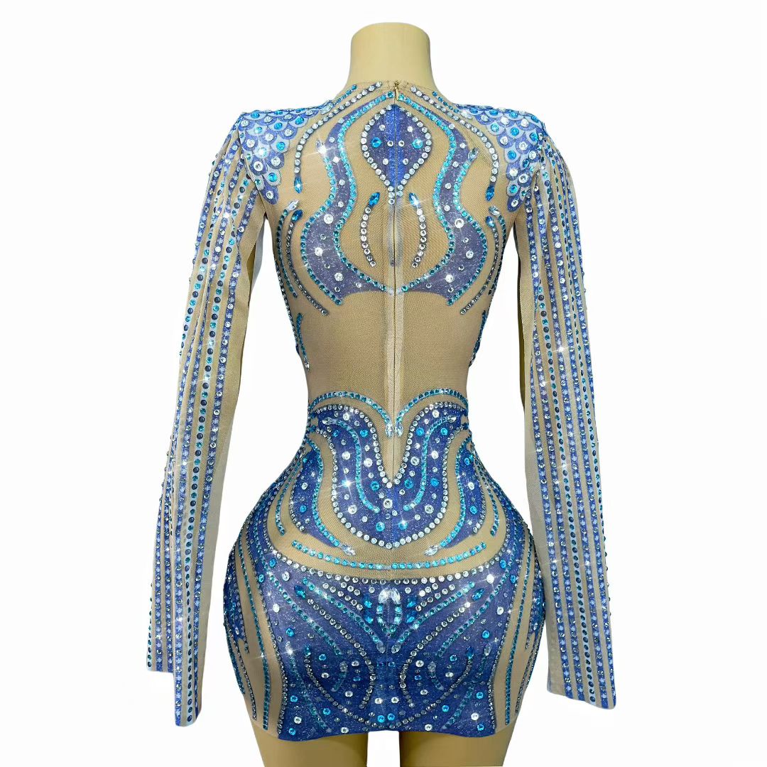 CELESINYI Lanmao Crystal Peacock Mini Dress
