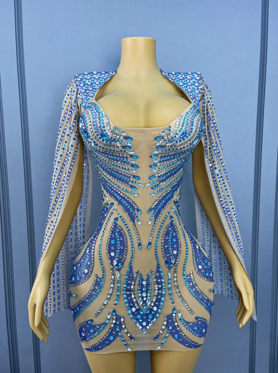 CELESINYI Lanmao Crystal Peacock Mini Dress