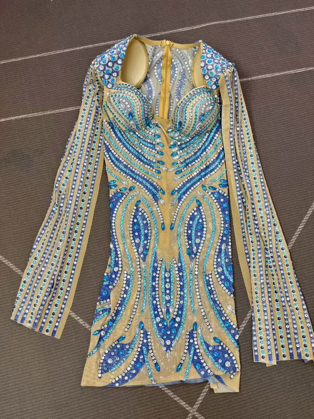 CELESINYI Lanmao Crystal Peacock Mini Dress
