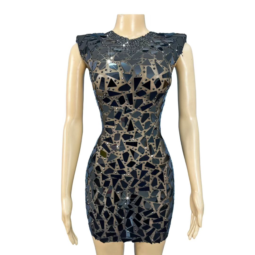 CELESINYI Heimeng Crystal Mirror Mini Dress