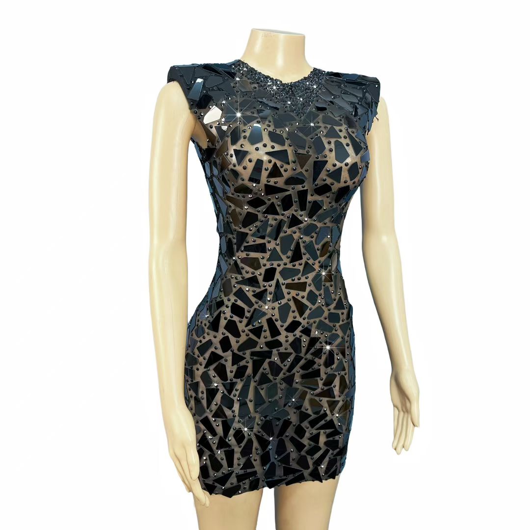 CELESINYI Heimeng Crystal Mirror Mini Dress