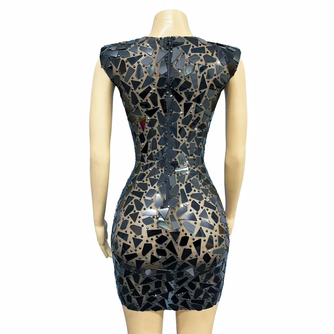 CELESINYI Heimeng Crystal Mirror Mini Dress