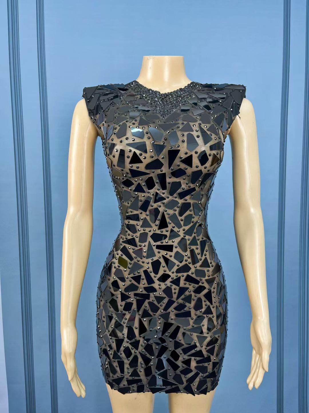 CELESINYI Heimeng Crystal Mirror Mini Dress