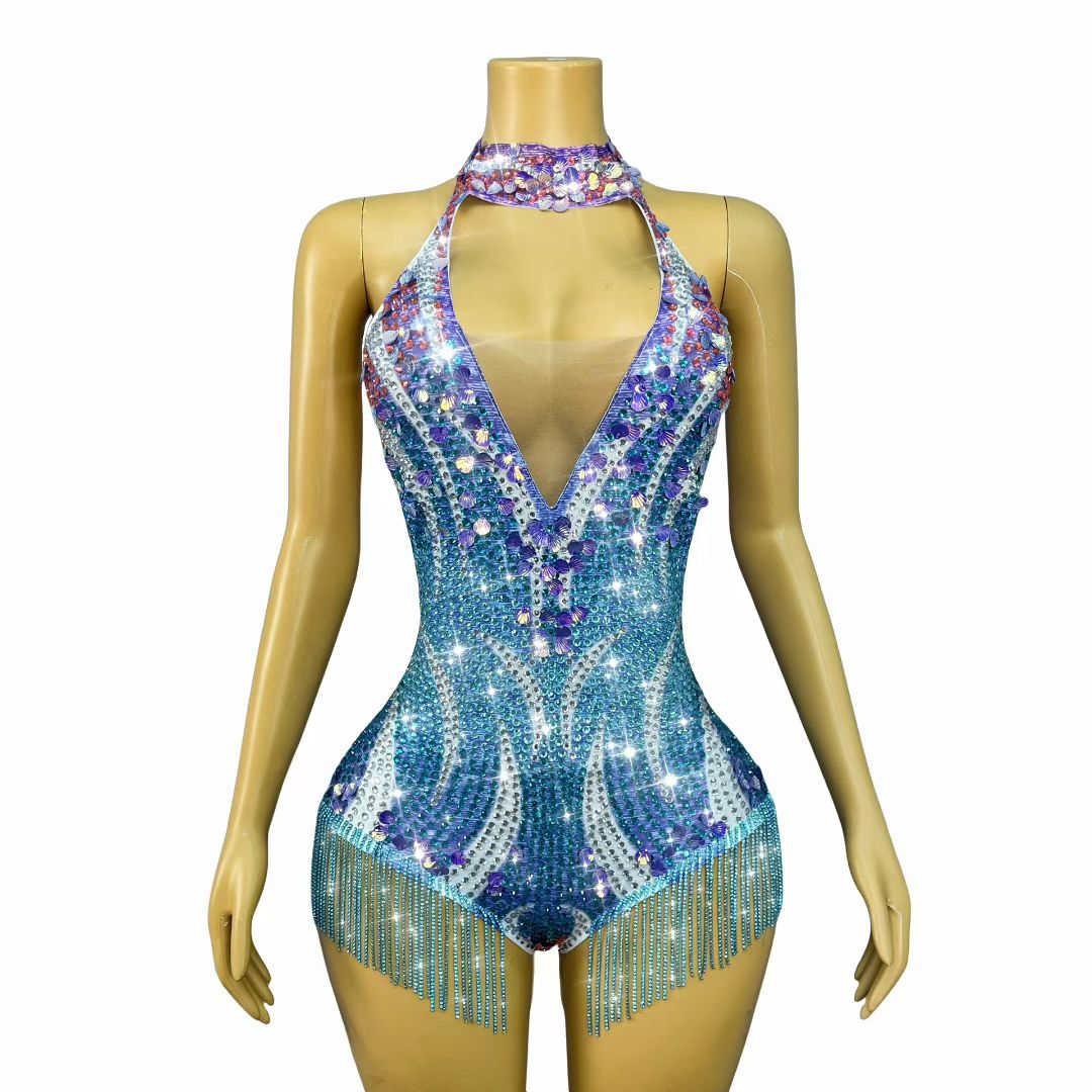 Xingyueye Hollow-out Suspender Sequin Diamond Chain Bodysuits