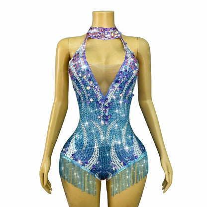 Xingyueye Hollow-out Suspender Sequin Diamond Chain Bodysuits