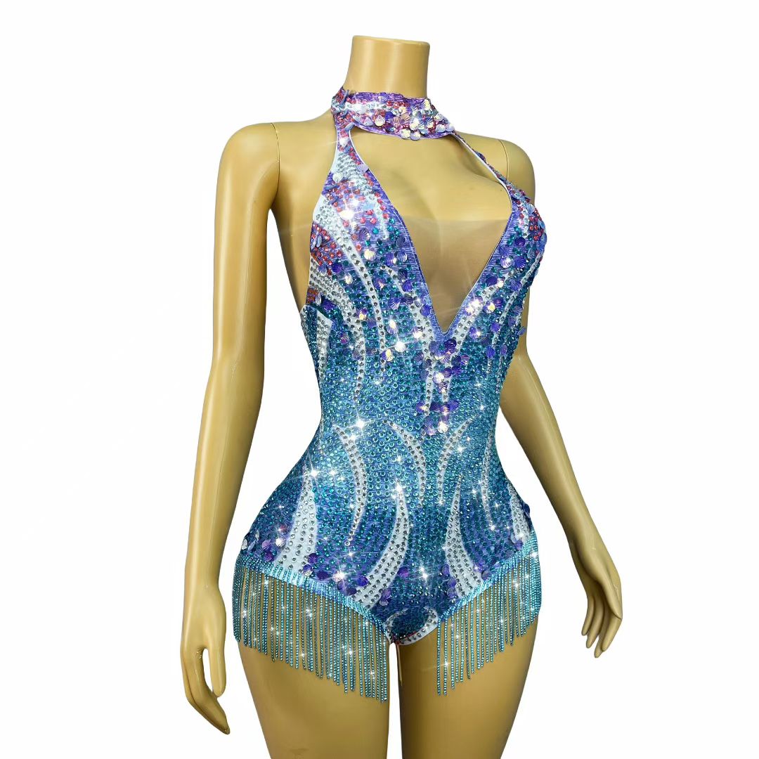 Xingyueye Hollow-out Suspender Sequin Diamond Chain Bodysuits