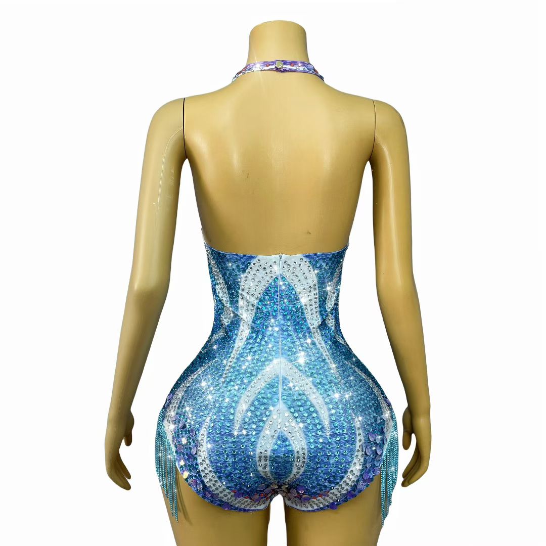 Xingyueye Hollow-out Suspender Sequin Diamond Chain Bodysuits