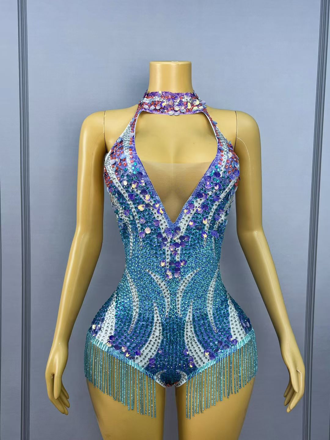 Xingyueye Hollow-out Suspender Sequin Diamond Chain Bodysuits