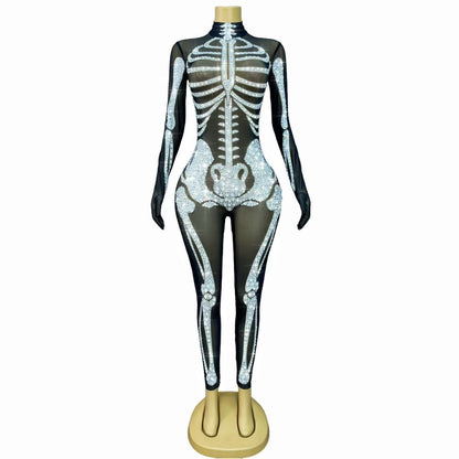 Xiaogutou Skeleton Rhinestone Jumpsuit