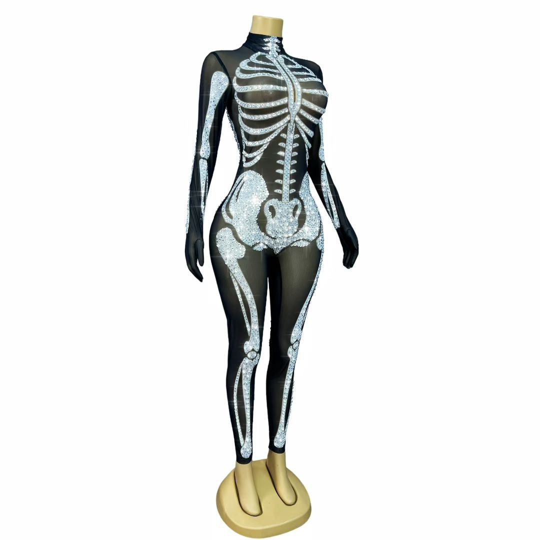 Xiaogutou Skeleton Rhinestone Jumpsuit