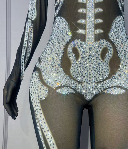 Xiaogutou Skeleton Rhinestone Jumpsuit