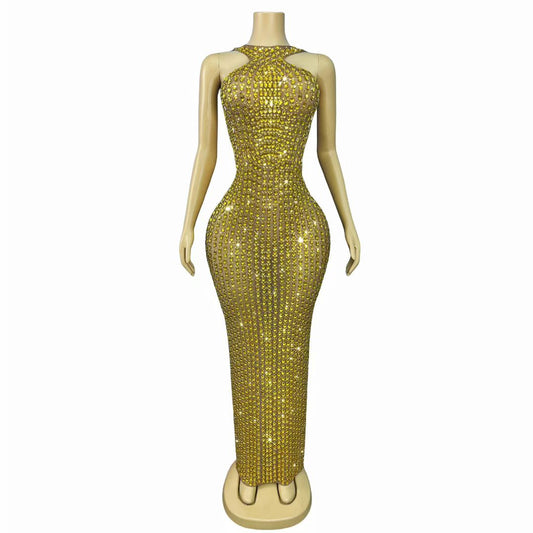 Liusixian Full Gold Rhinestone Halter Neck Dress