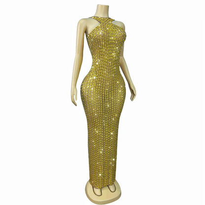 Liusixian Full Gold Rhinestone Halter Neck Dress