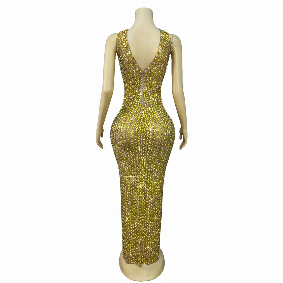 Liusixian Full Gold Rhinestone Halter Neck Dress