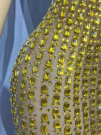 Liusixian Full Gold Rhinestone Halter Neck Dress
