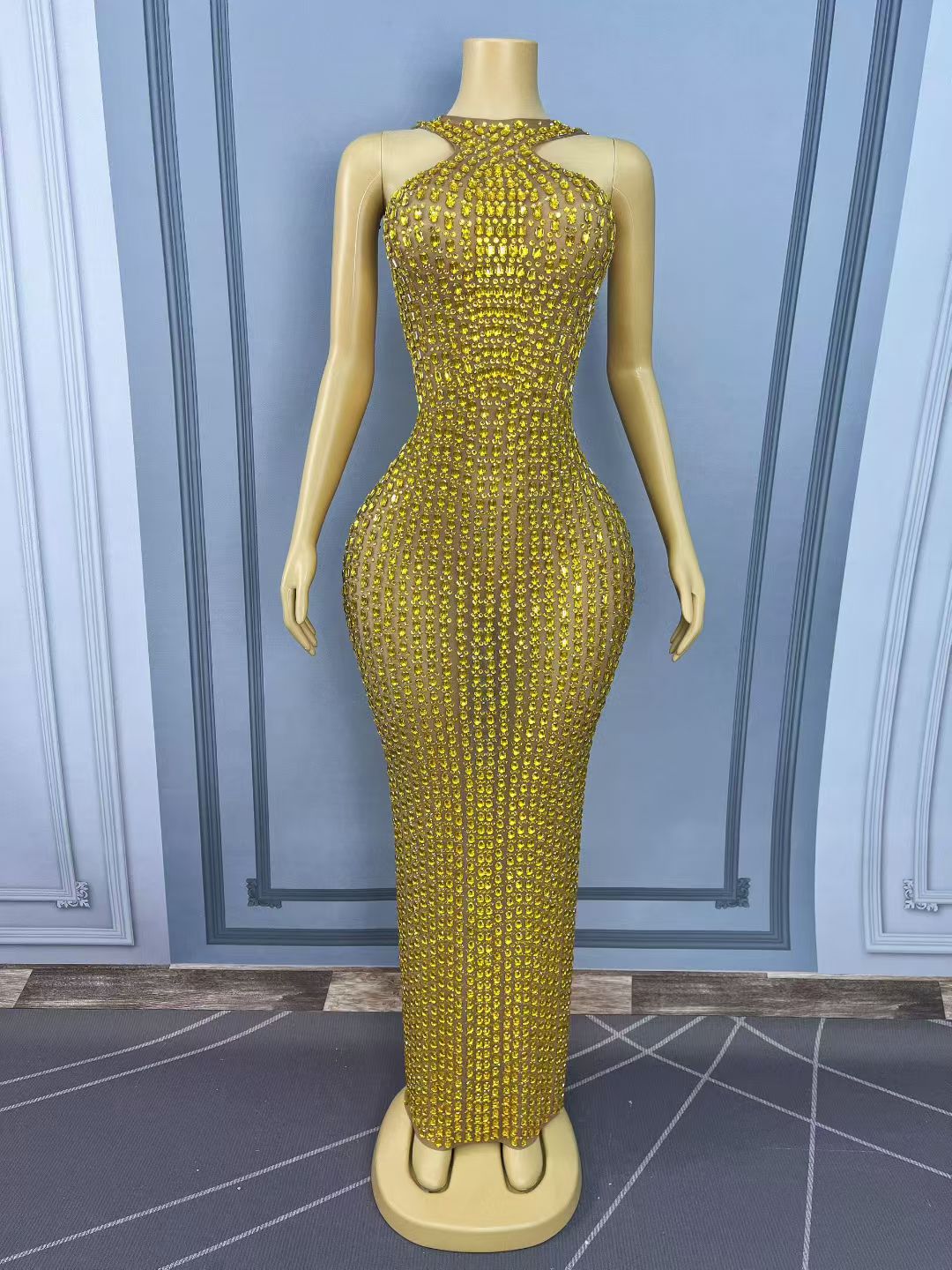 Liusixian Full Gold Rhinestone Halter Neck Dress