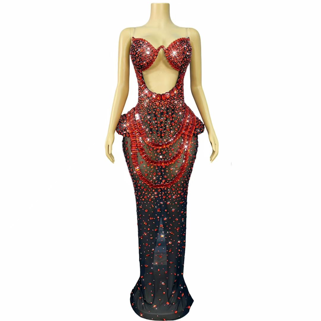 Hongguan Hollow-out Red Diamonds Long Prom Dresses
