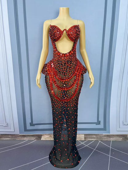 Hongguan Hollow-out Red Diamonds Long Prom Dresses