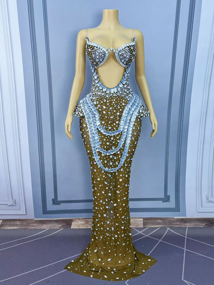 Hongguan Hollow-out White Diamonds Long Prom Dresses