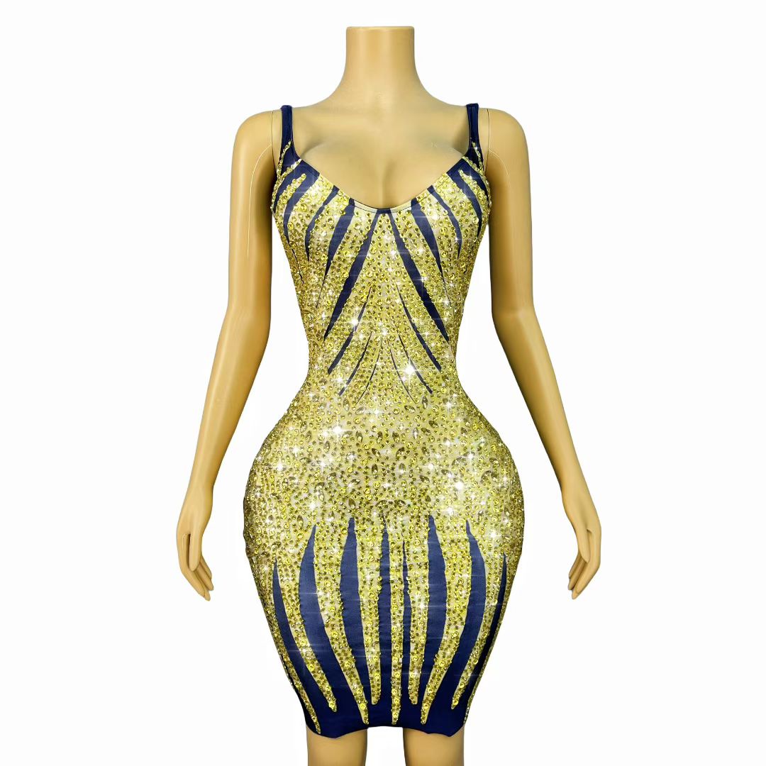 Huangjin Gold Striped Diamond Strap Mini Dress