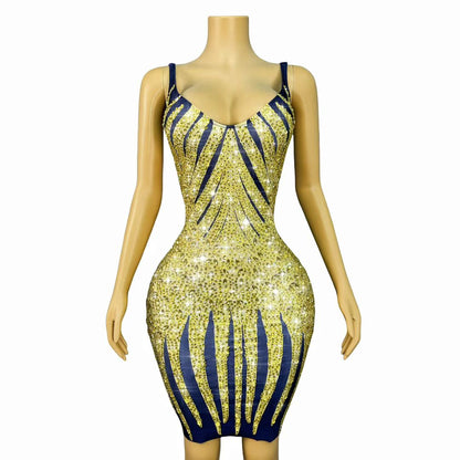 Huangjin Gold Striped Diamond Strap Mini Dress