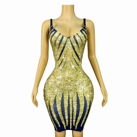 Huangjin Gold Striped Diamond Strap Mini Dress