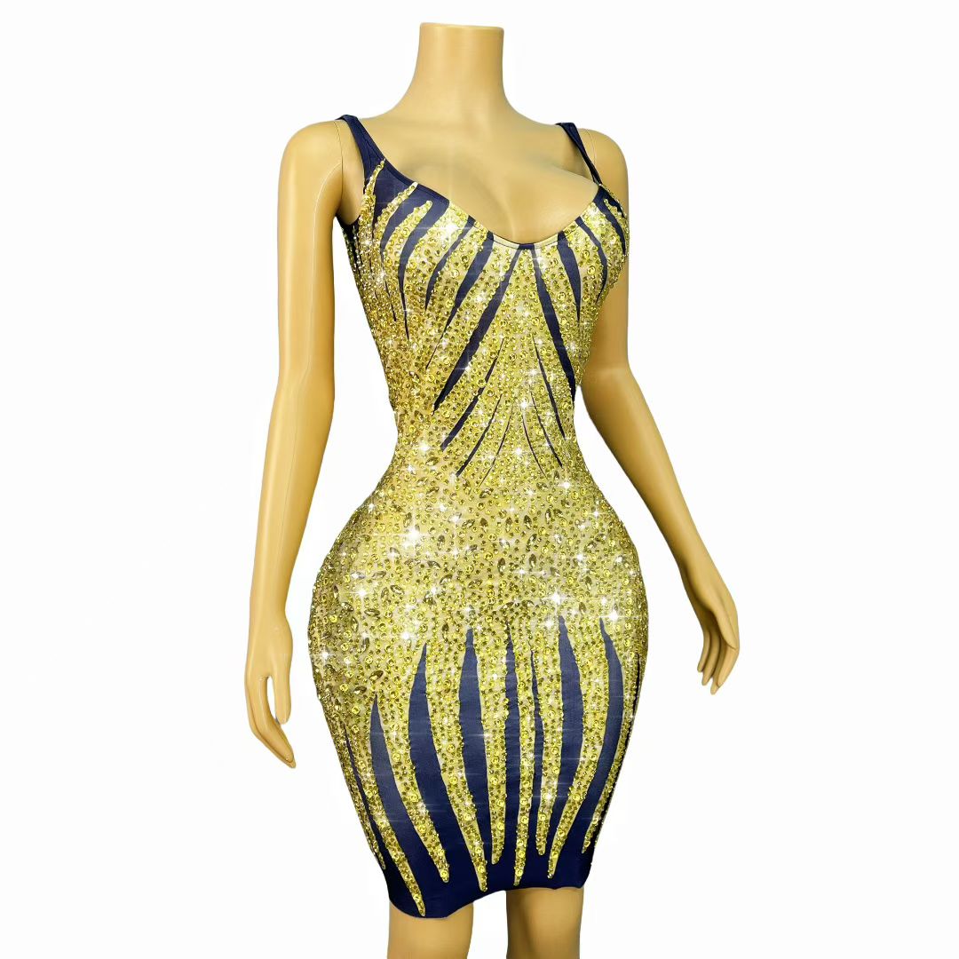 Huangjin Gold Striped Diamond Strap Mini Dress