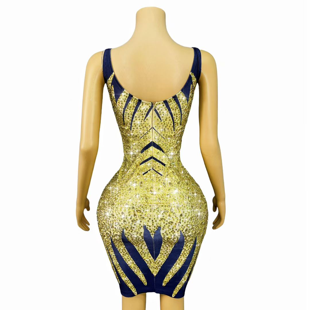 Huangjin Gold Striped Diamond Strap Mini Dress